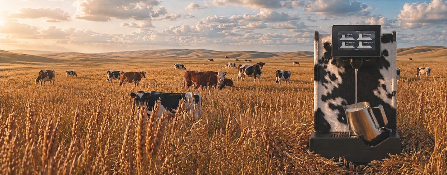 HeyMilky induction milk station in a field beside a cow