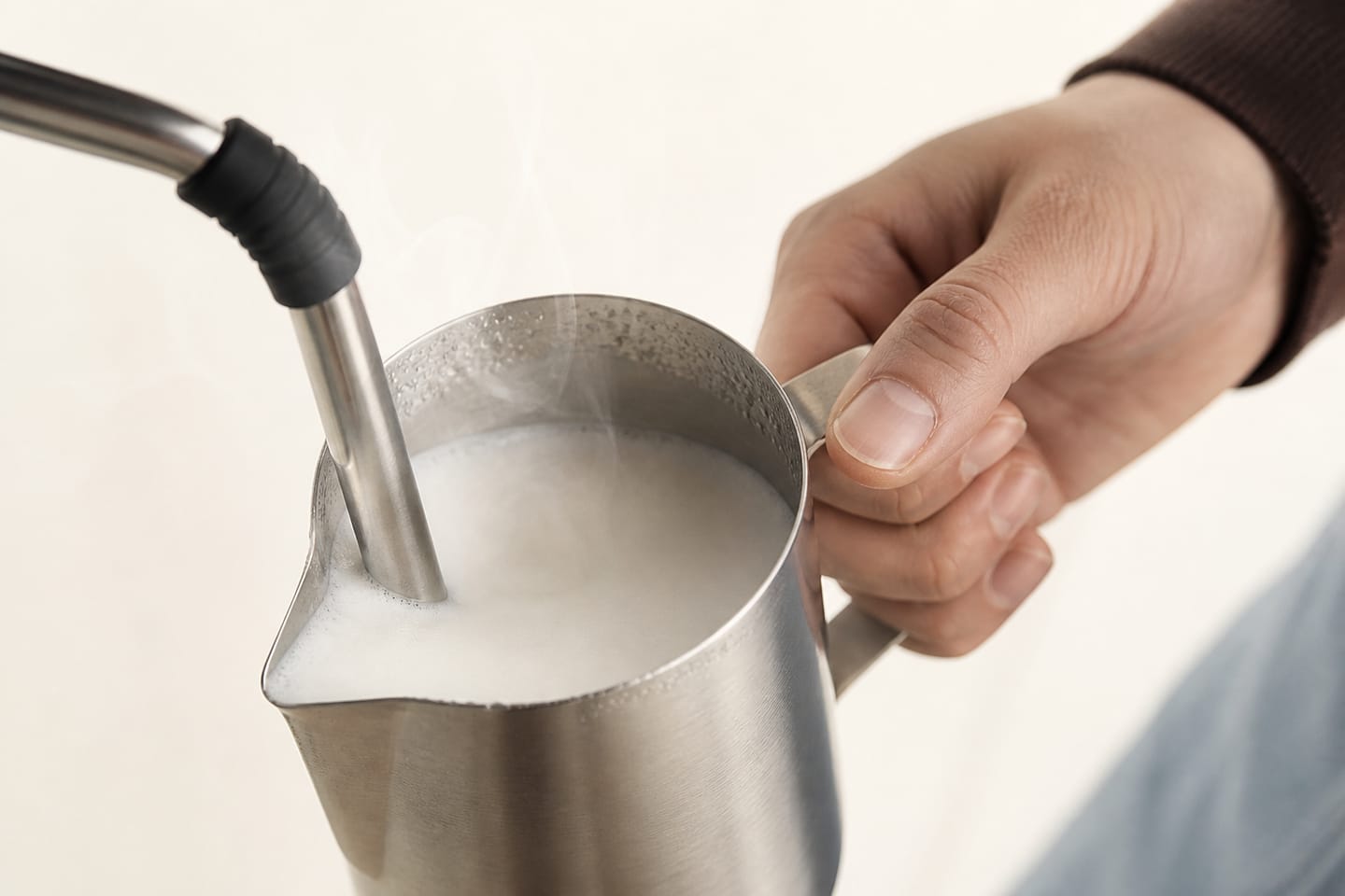 A steam wand in a pitcher of milk, steam rising and condensation on the rim, a hand holding the pitcher