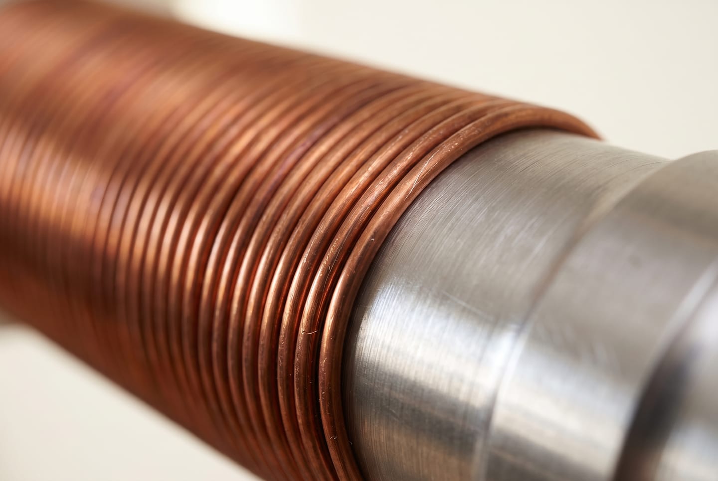 Close-up: copper induction winding around a brushed steel tube